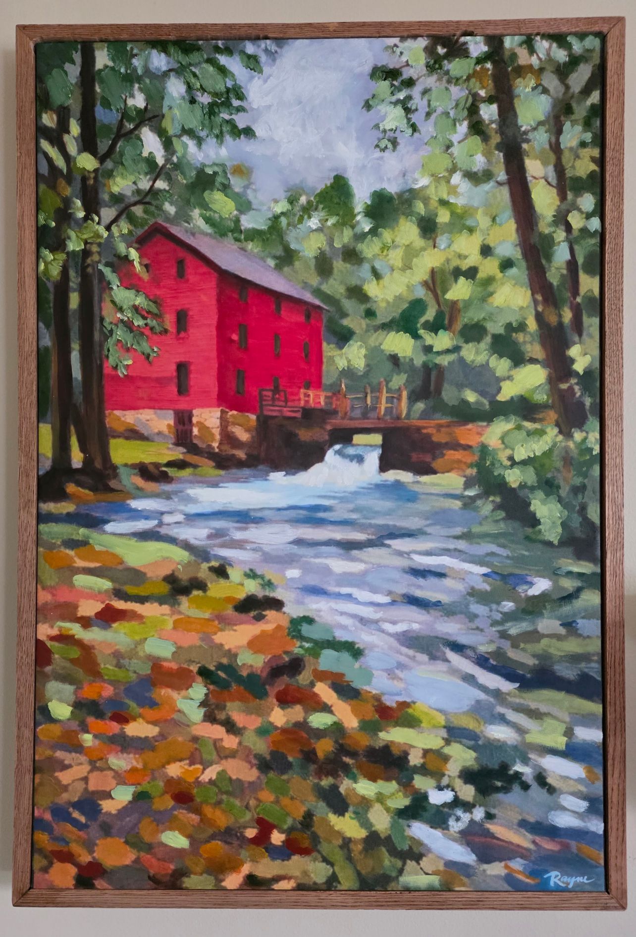 Oil painting of the red Alley Spring Mill surrounded by trees