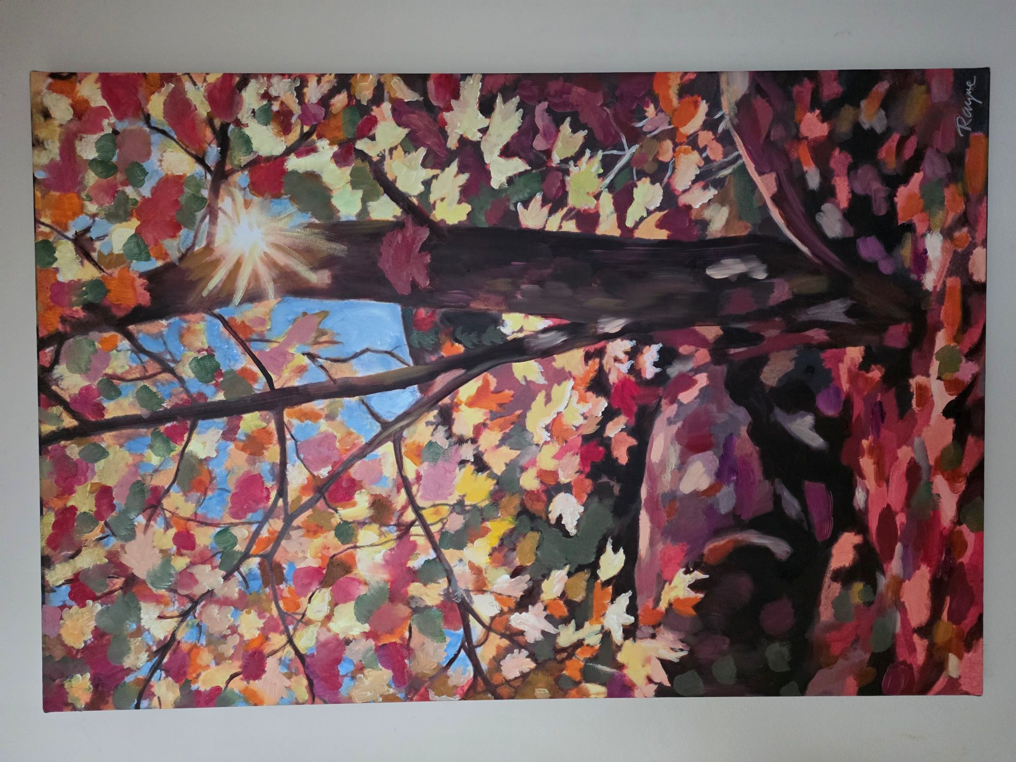 Autumn tree canopy oil painting with warm light