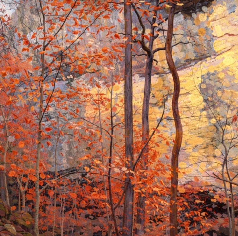 Autumn woods with orange leaves and sunlit rock formations