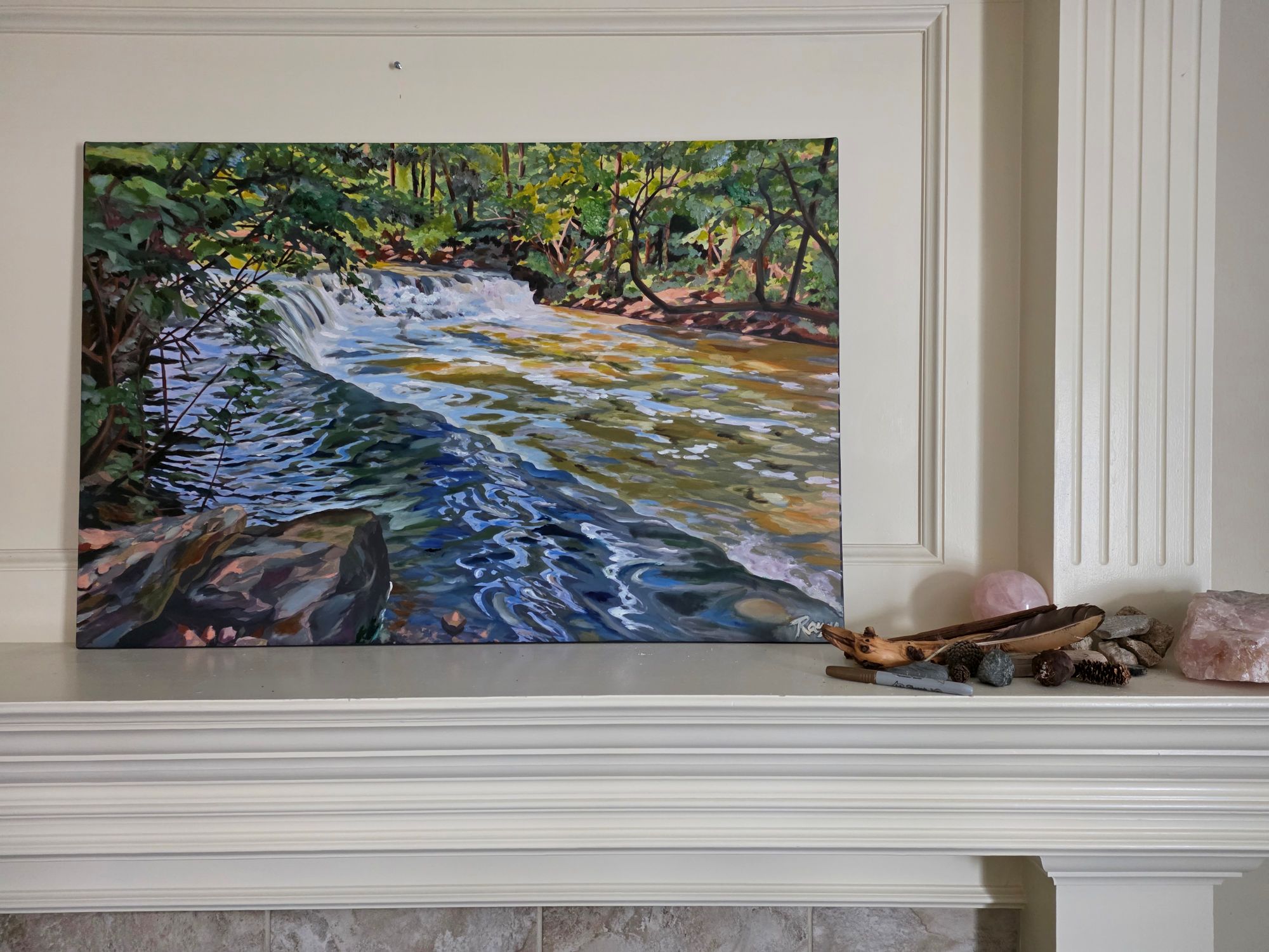 Line Creek Falls oil painting displayed in a home
