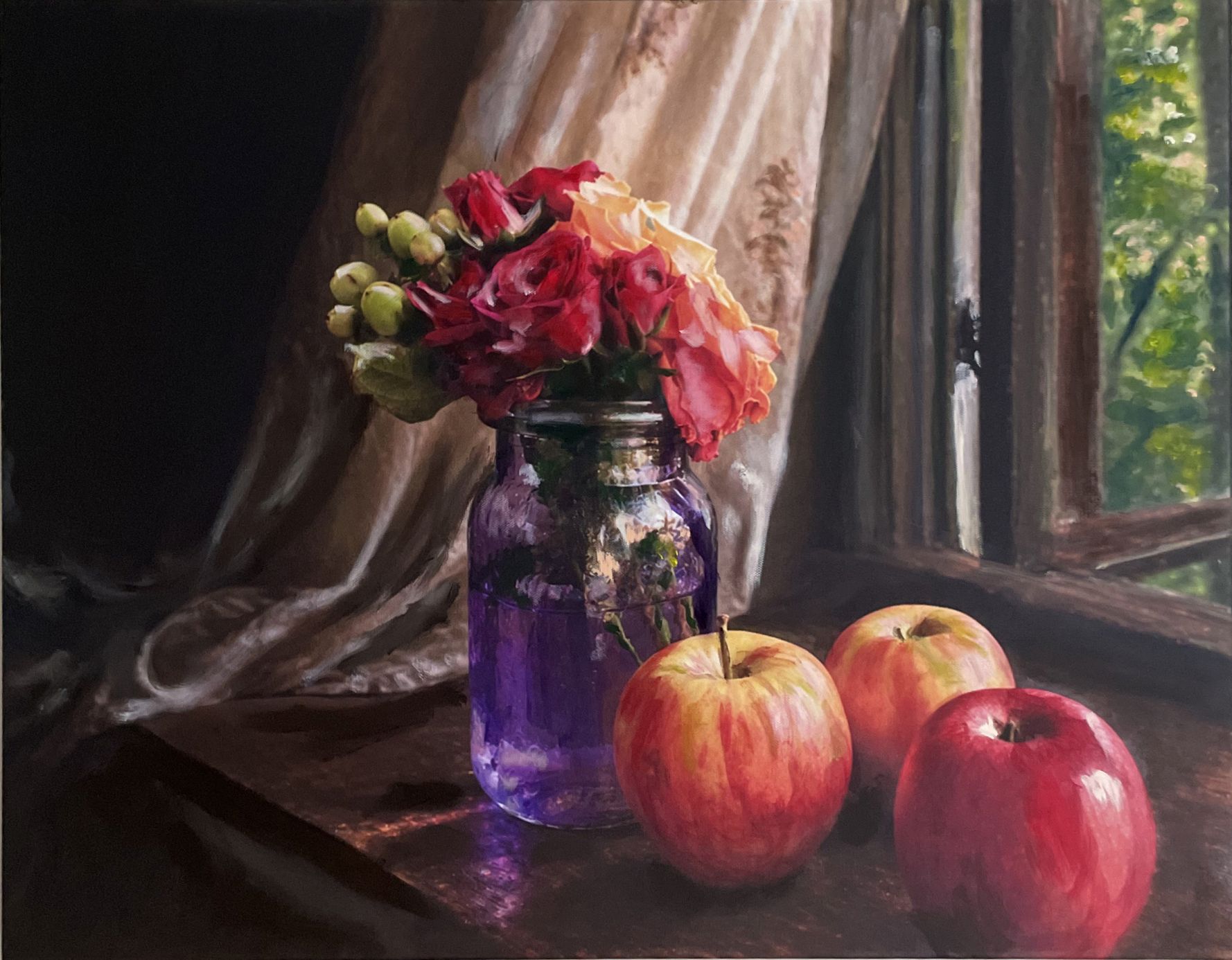 Still life of roses in a purple glass jar with apples beside a window