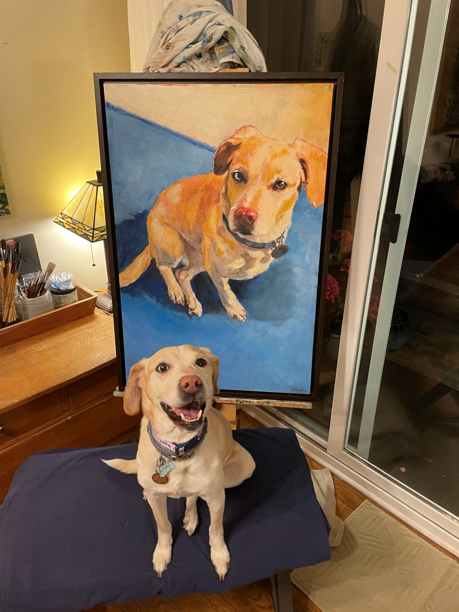 Sunny the dog sitting beside her finished commissioned portrait
