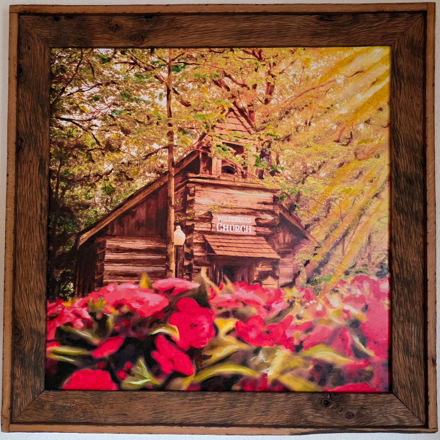 Oil painting of the Wilderness Church at Silver Dollar City