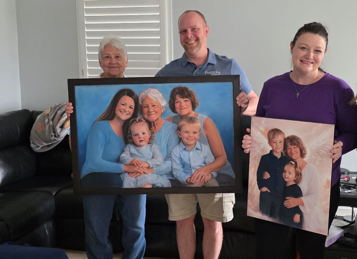 Rayne Ethetton delivering commissioned family portrait paintings to clients