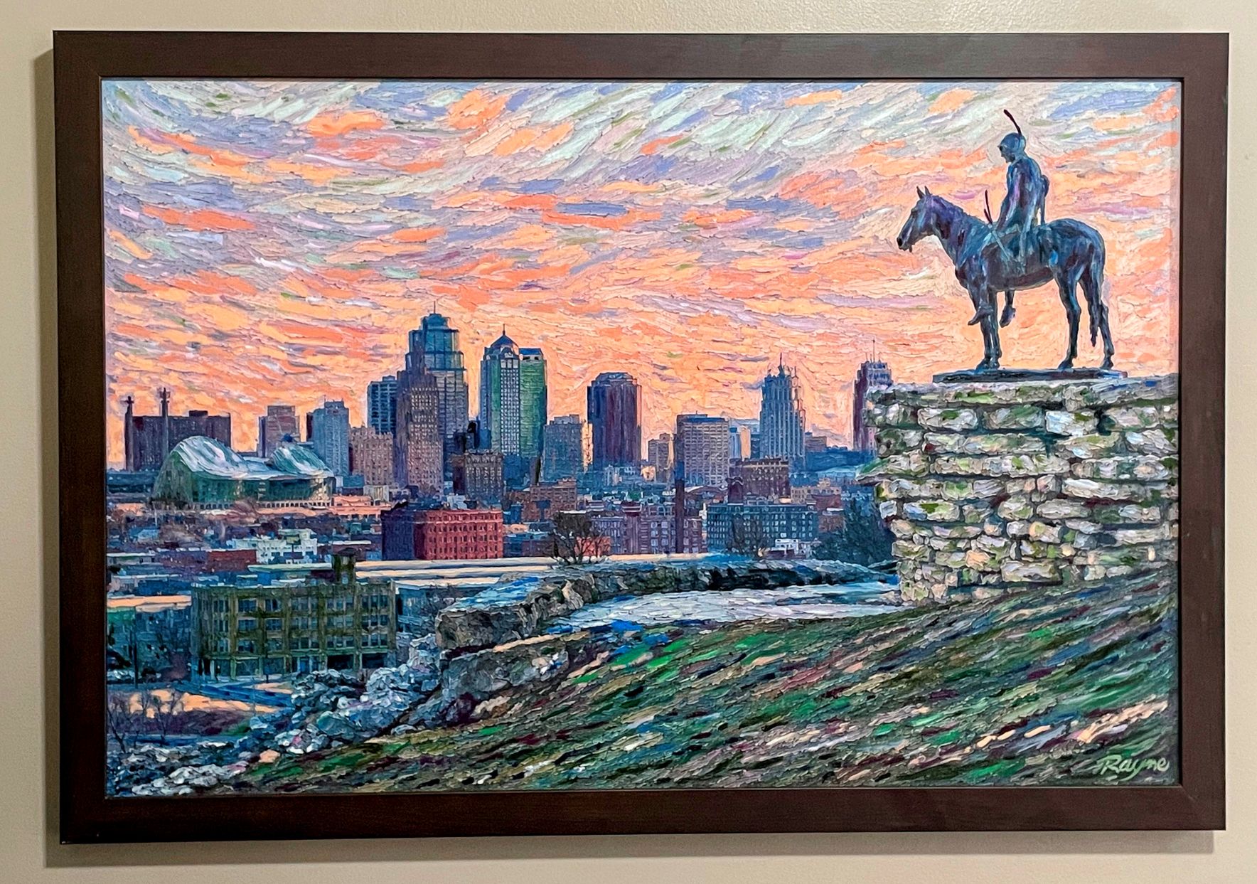 Oil painting of the Kansas City skyline at sunset