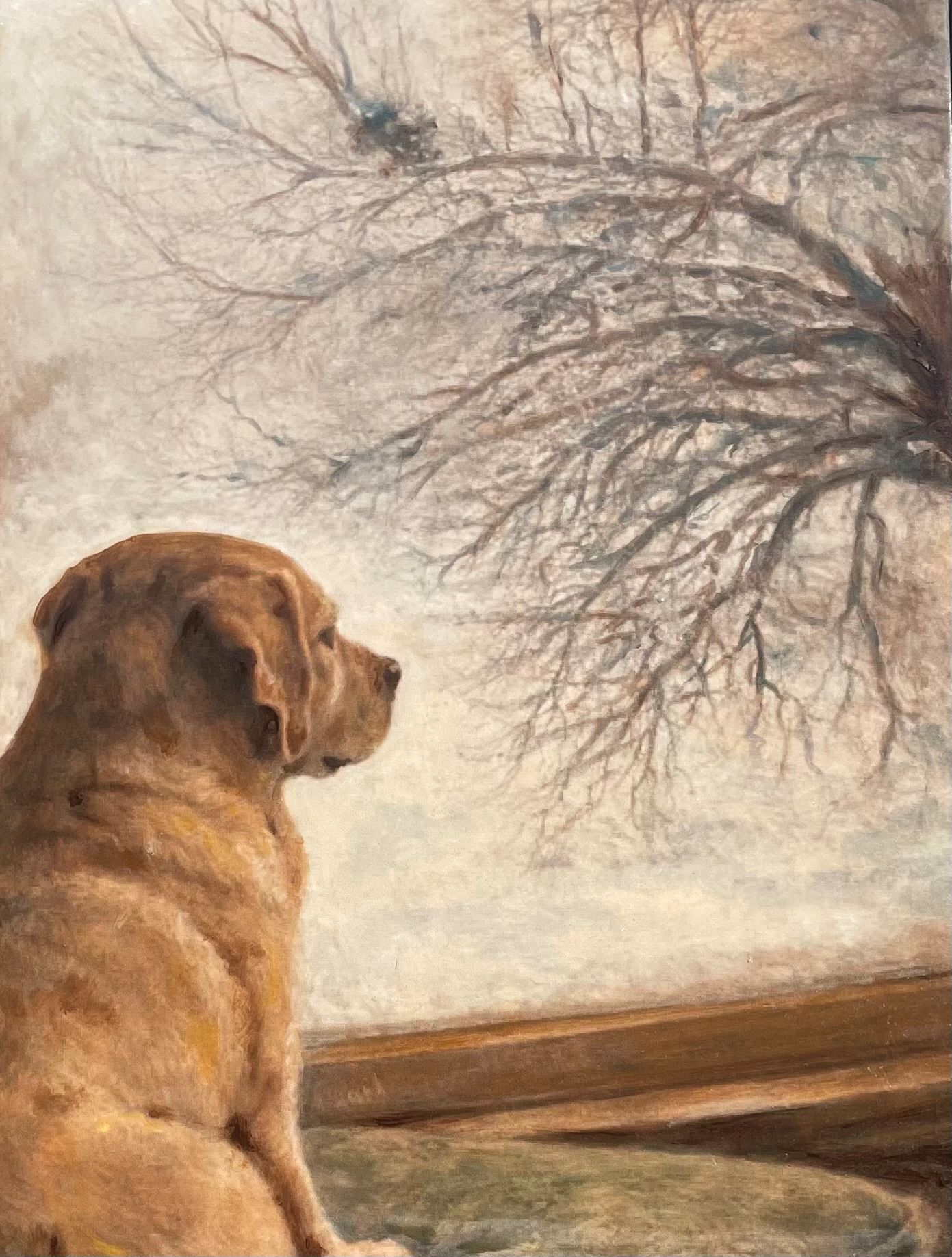 Dog looking through a winter window oil painting