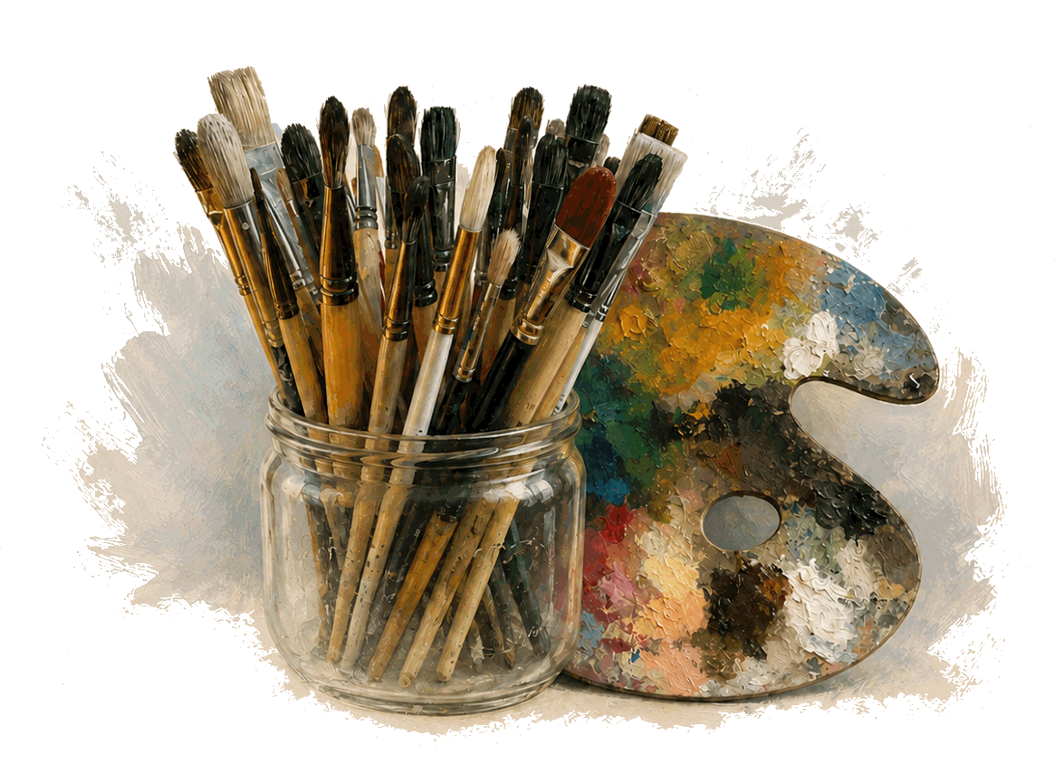 Paintbrushes in a glass jar beside an artist’s palette