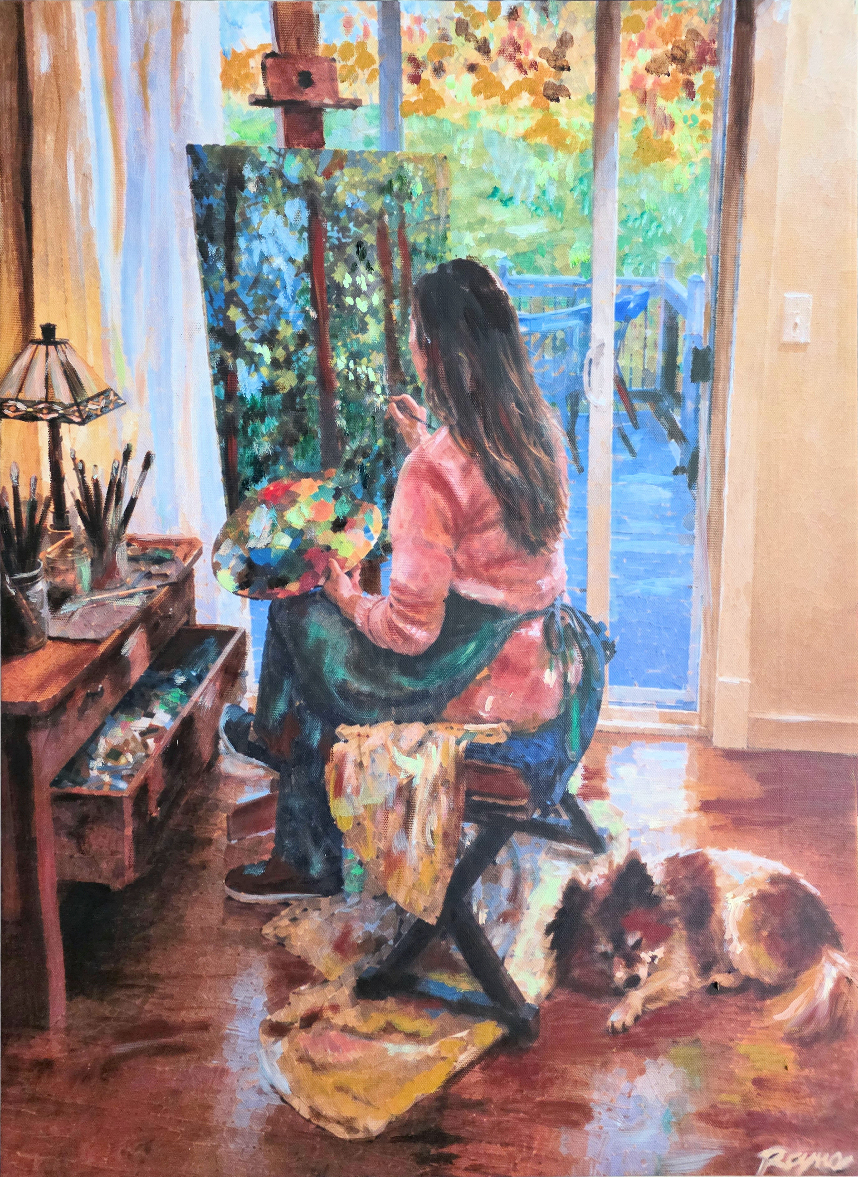 Self-portrait of Rayne Ethetton painting at her easel in her studio