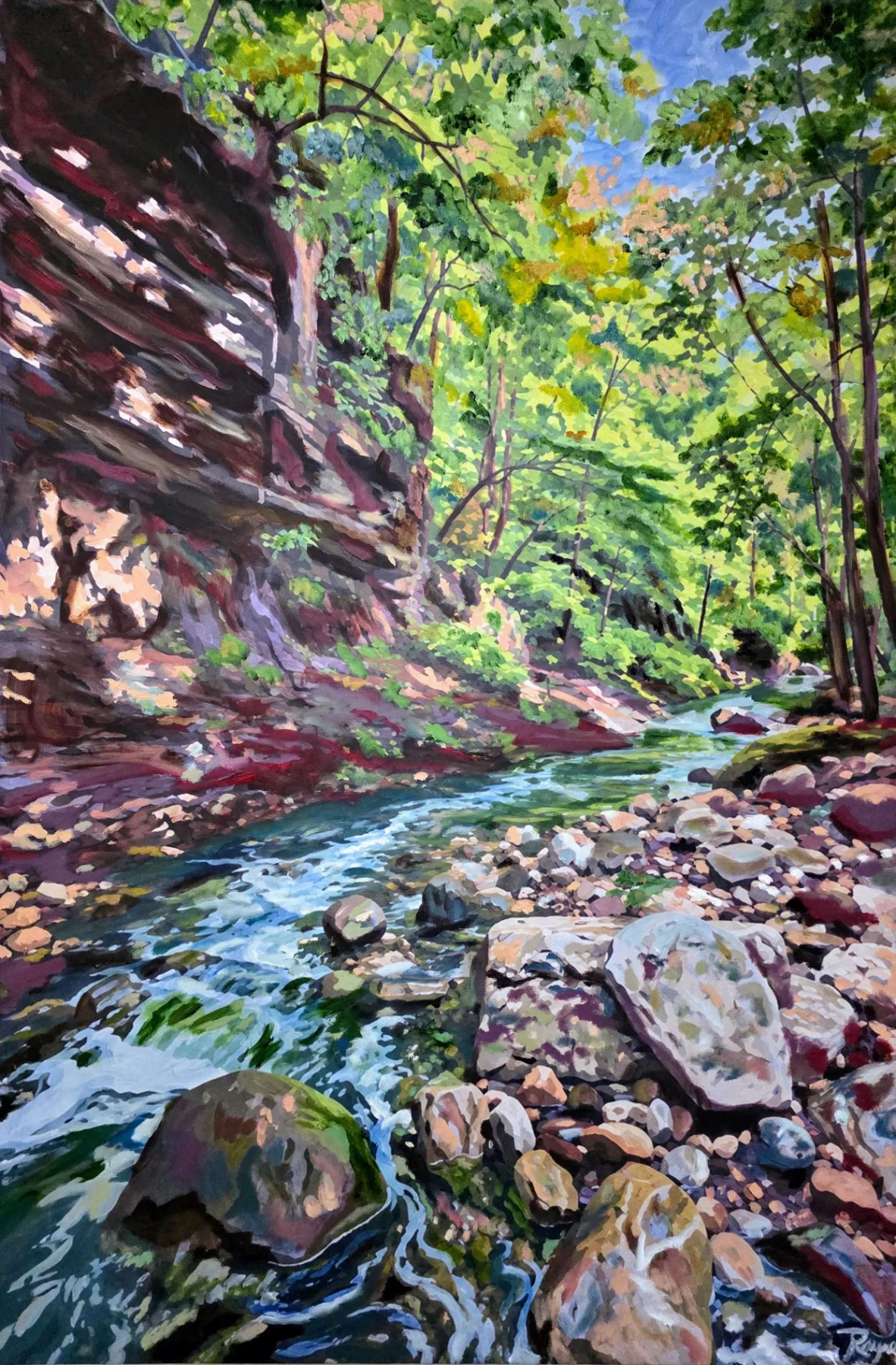 Line Creek Curve, Oil over giclée on canvas artwork by Rayne Ethetton