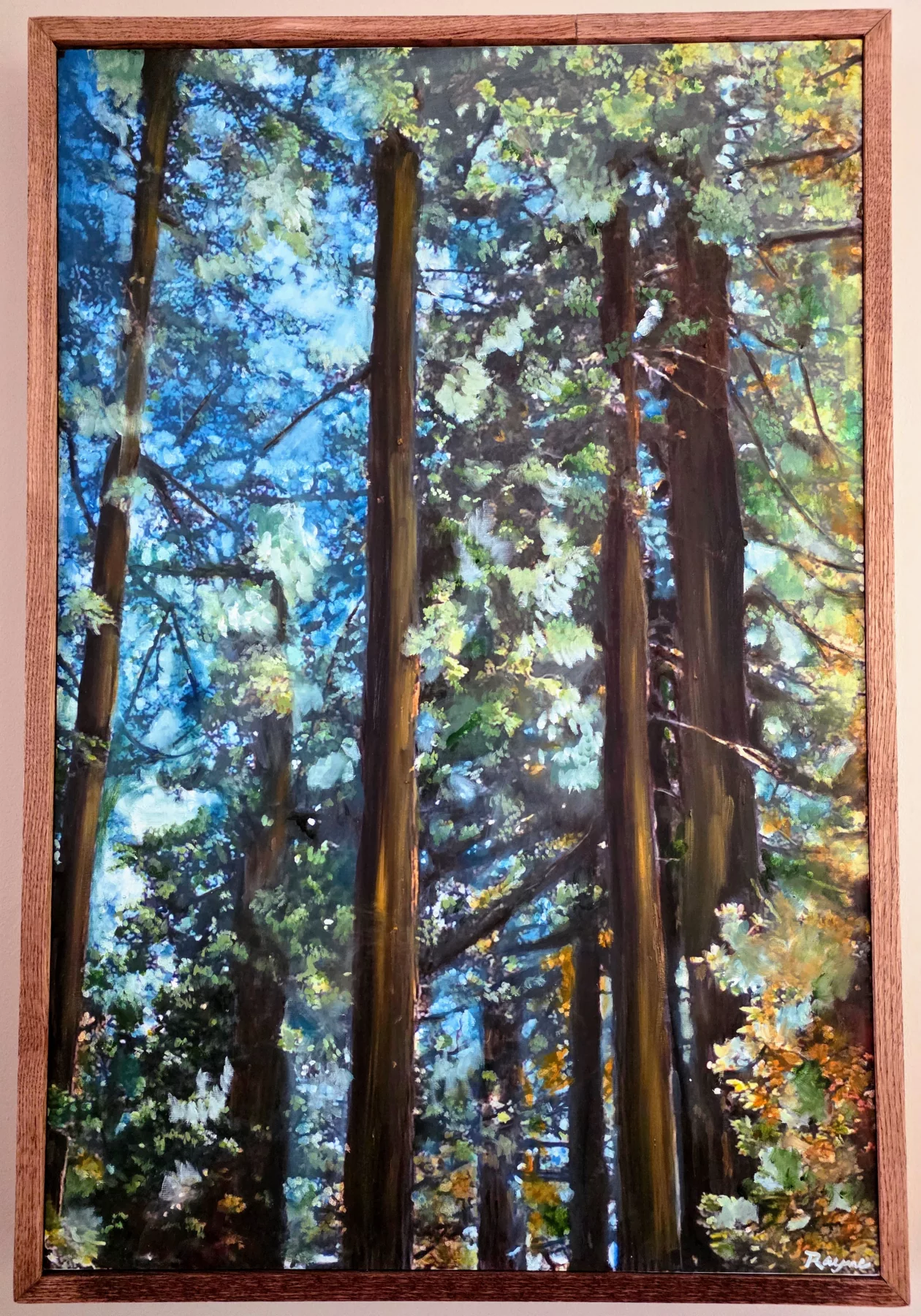 Redwood Forest in Blue, Oil over giclée on canvas artwork by Rayne Ethetton