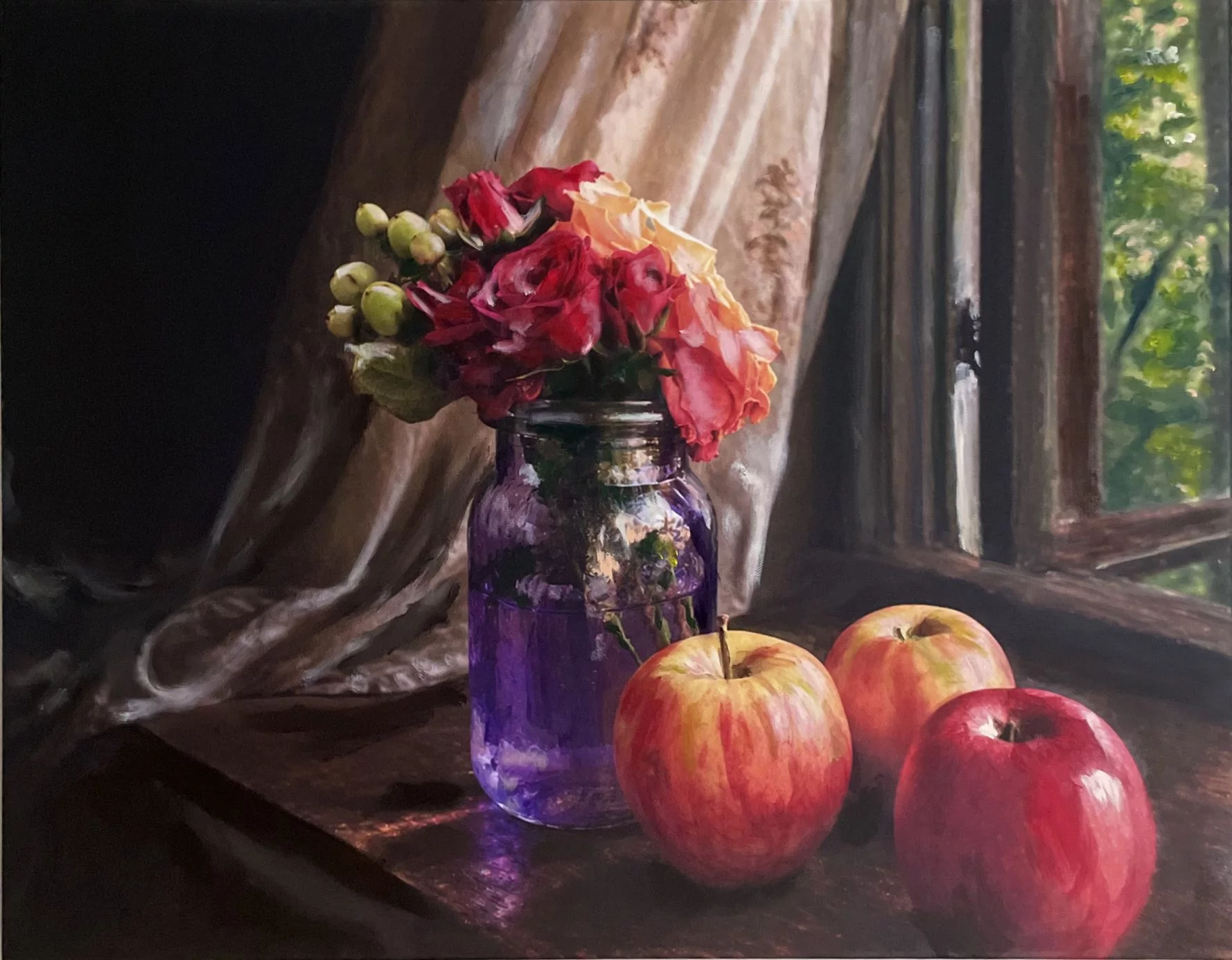 Still Life with Flowers and Apples, Oil over giclée on canvas artwork by Rayne Ethetton